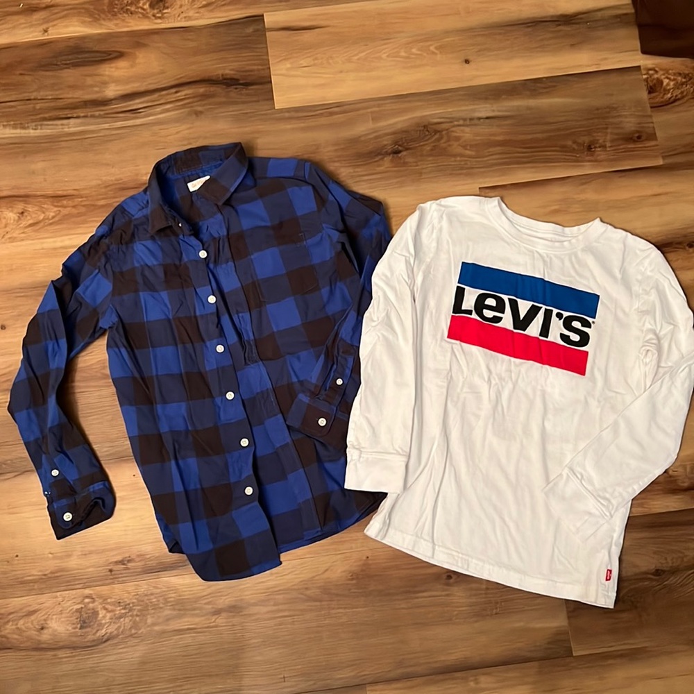Youth large long sleeve T and button up plaid